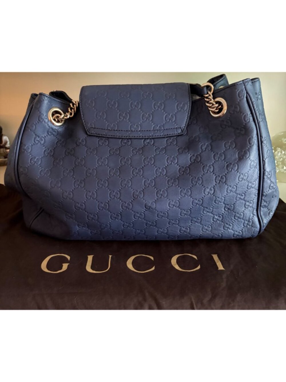 GUCCI Guccissima GG Monogram Leather Emily Navy Blue Hobo Chain Link Flap Bag - Picture 3 of 16